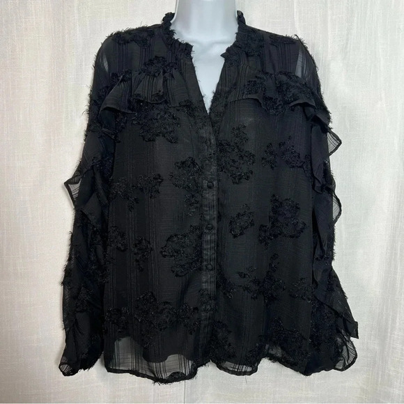 Calligraphie Ruffle Floral Lace Black Sheer Lined Blouse Size Medium - Picture 1 of 8
